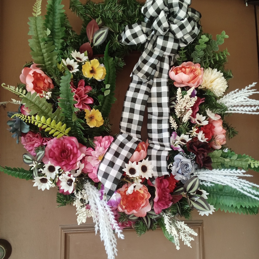 Floral Wreath with Black and White Ribbon